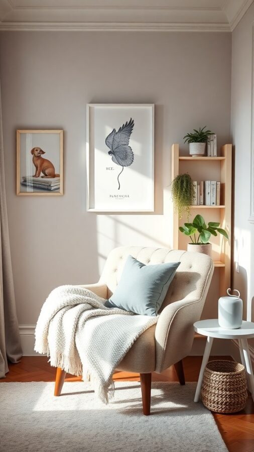 A cozy reading nook featuring a soft chair, throw blanket, side table, and decorative artwork.