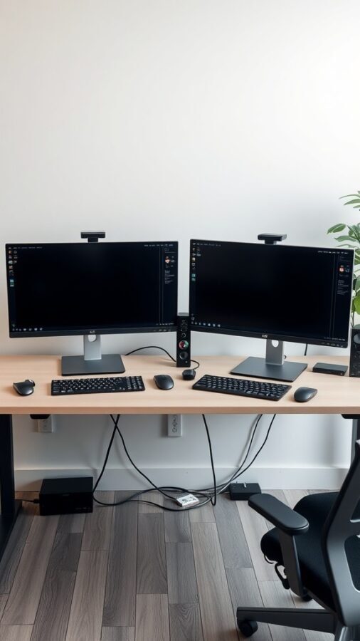 A double desk setup featuring two monitors, keyboards, and a tidy workspace.