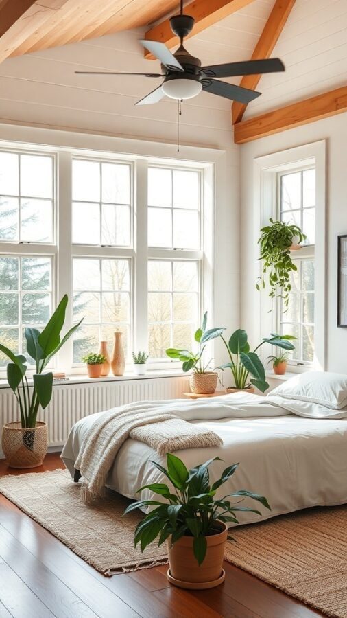 8 Cozy Farmhouse Bedroom Ideas for a Rustic Retreat 4 Bright farmhouse bedroom with large windows, plants, and wooden beams