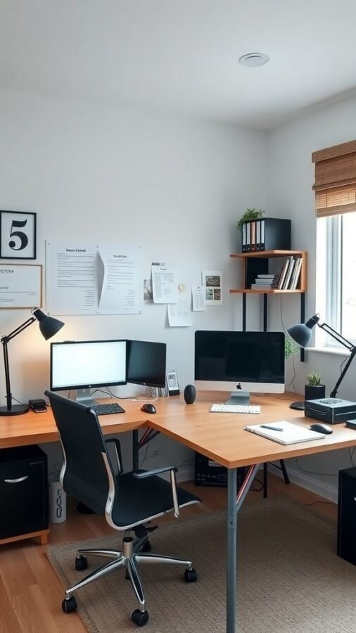 A well-organized dual-desk home office setup with two monitors, ergonomic chairs, and shelves for storage.