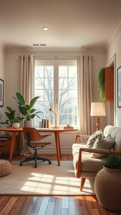 A cozy home office with a wooden desk, comfortable chair, plants, and natural light.