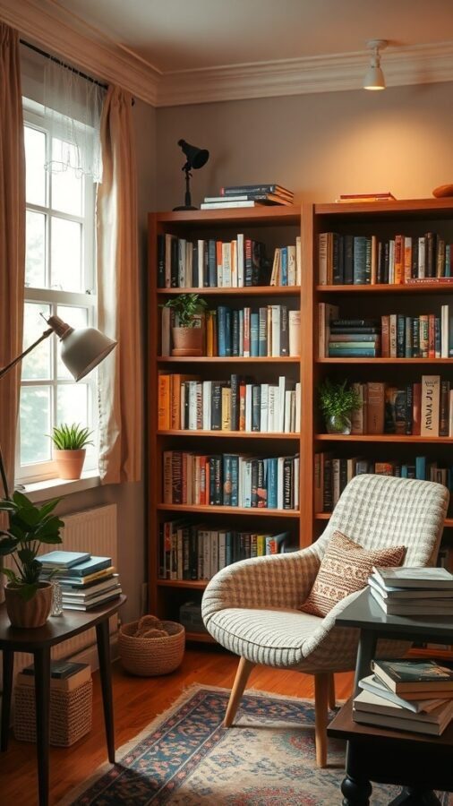 Cozy reading nook with a comfortable chair, bookshelves filled with books, and natural light.