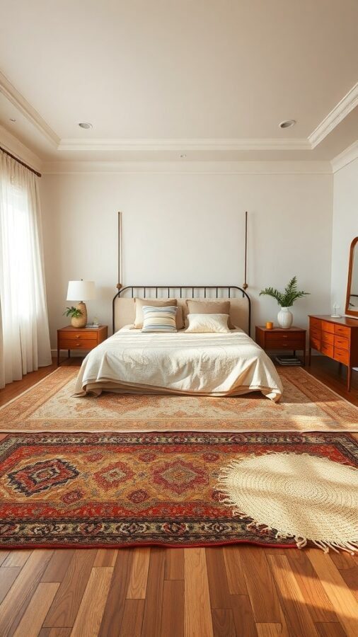 A master bedroom featuring layered rugs, a bed with neutral bedding, wooden furniture, and natural light.