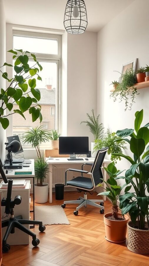 A feminine home office with indoor plants, a desk, and a computer.