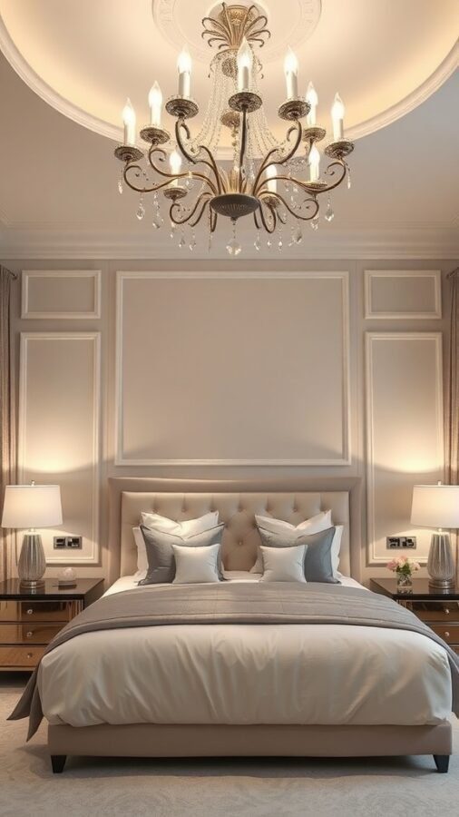 Elegant master bedroom with a stunning chandelier and stylish bedside lamps.