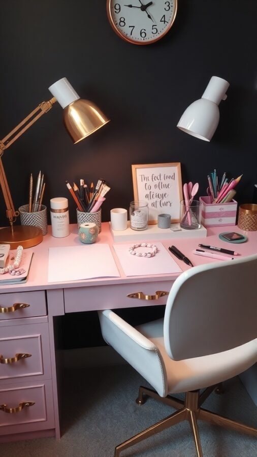A feminine home office setup featuring a pink desk, gold and white lamps, and organized desk accessories.