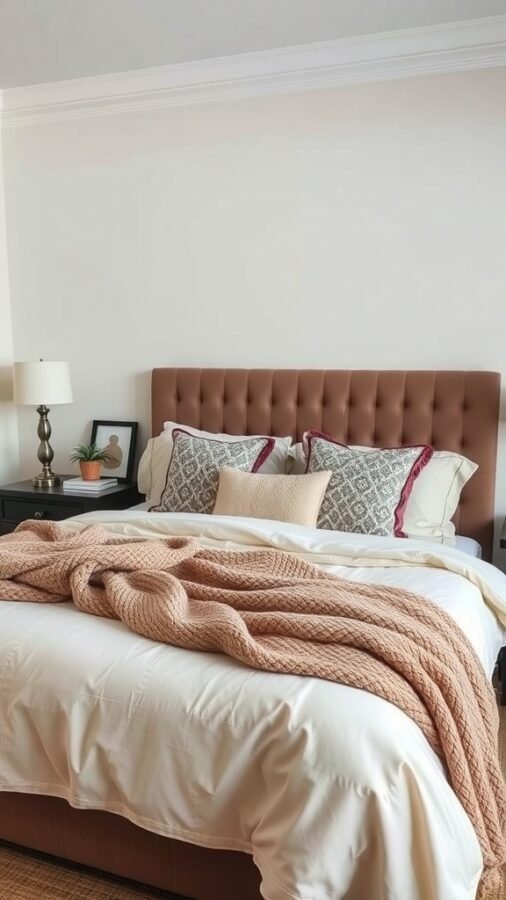 A cozy master bedroom featuring a tufted headboard, soft bedding, and a knitted throw blanket.
