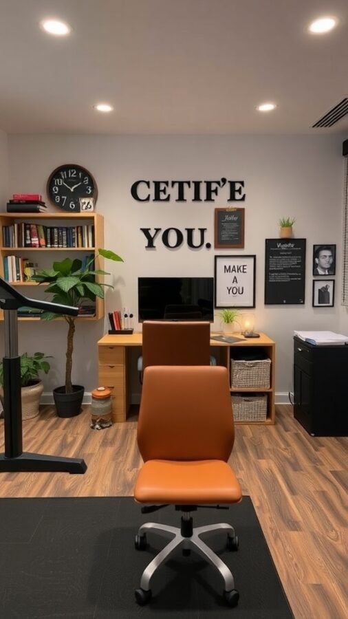 A home office gym combo layout featuring a desk, orange chair, plants, and motivational wall art.
