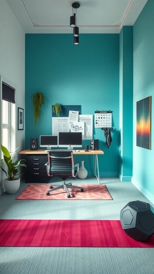 A home office gym combo featuring a teal wall, a desk with two monitors, and exercise equipment.
