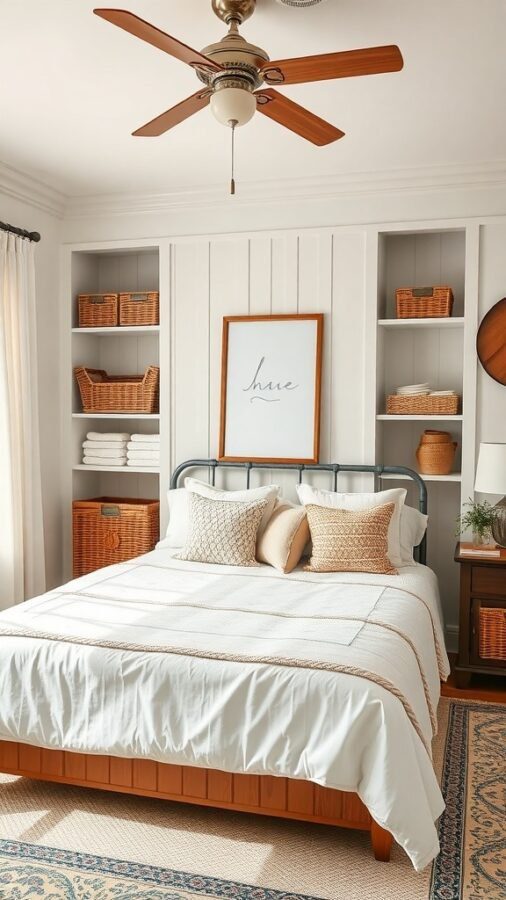 8 Cozy Farmhouse Bedroom Ideas for a Rustic Retreat 7 A cozy farmhouse bedroom featuring a bed with soft linens, decorative pillows, and functional storage solutions like woven baskets on shelves.