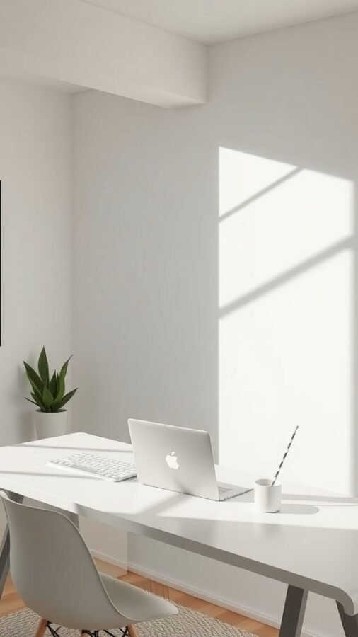 A minimalist home office featuring a white desk, laptop, keyboard, and a small plant.