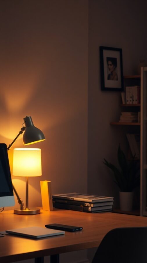 A cozy home office with soft lighting from two decorative lamps, creating a warm atmosphere.