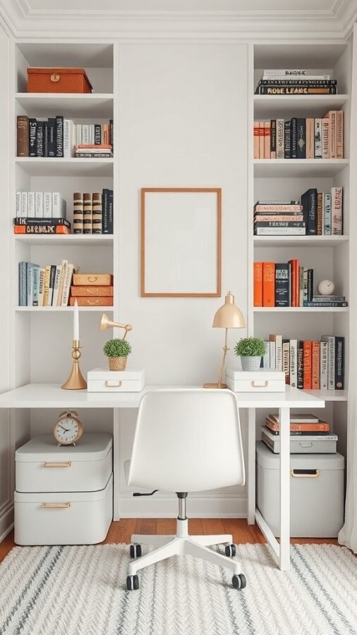 A stylish feminine home office with a white desk, organized shelves, and decorative elements.