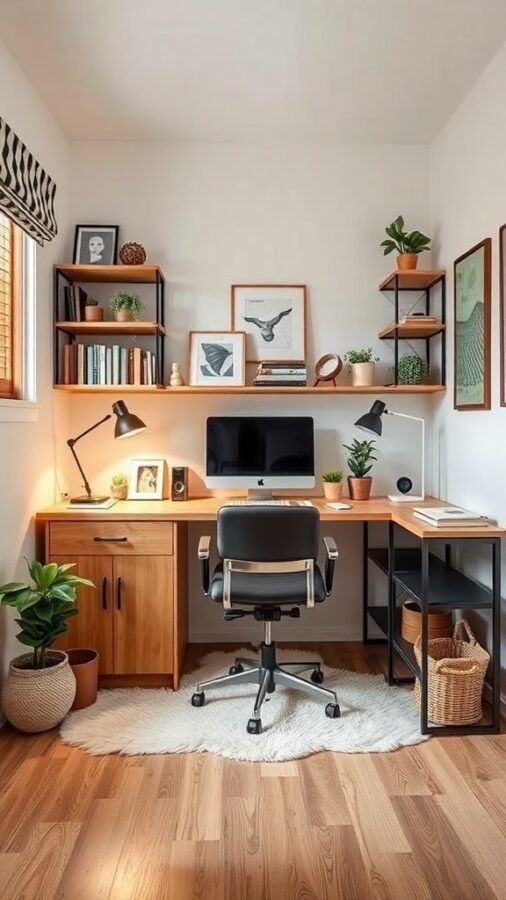 Cozy home office setup in a small space with a desk, computer, and decorative shelves.