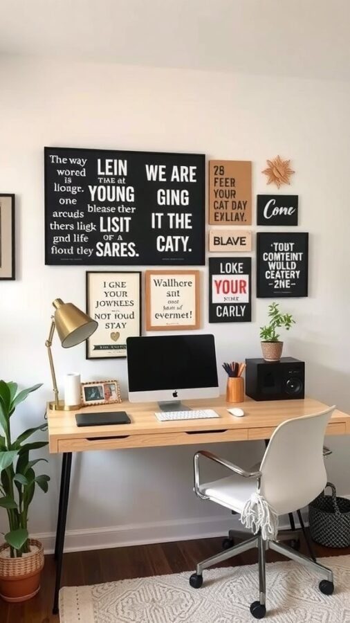 A cozy home office with a desk, computer, and an inspiration board filled with quotes and art.
