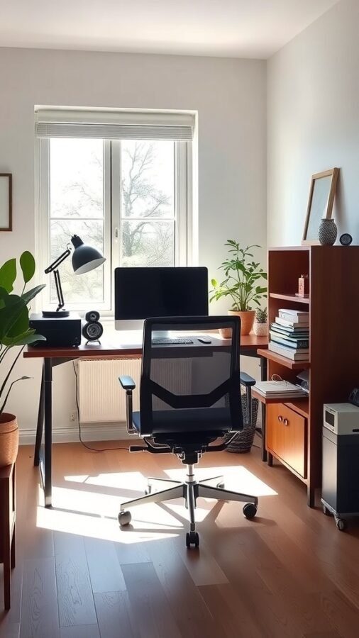 A bright home office with a desk, computer, chair, and plants