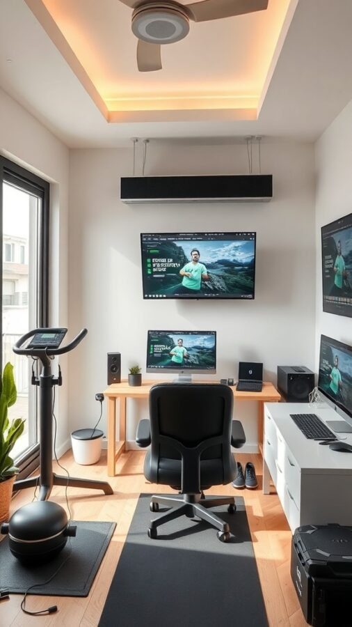A modern home office gym combo layout featuring a desk, multiple screens, a stationary bike, and a ceiling fan.