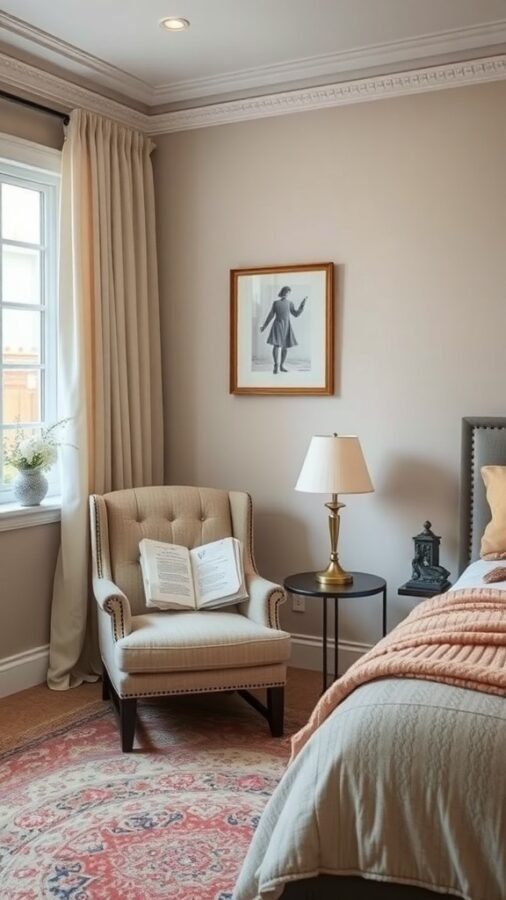 A cozy relaxation corner in a master bedroom featuring a comfortable armchair, a side table with a lamp, and a decorative rug.