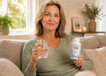 woman holding femicore supplement and a glass of water