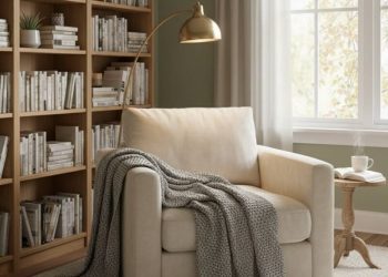 A cozy reading nook with a plush armchair a soft blanket and a bookshelf