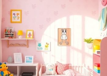 A bright and playful children's room with pastel pink wallpaper, colorful toys, and cozy seating.