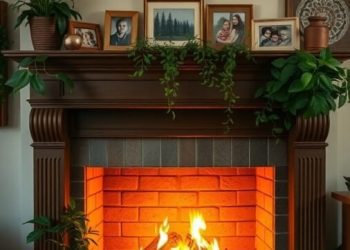 Cozy fireplace with flames, family photos on the mantel, and plants around it.