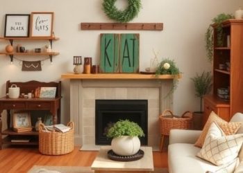 A cozy living room styled in chic farmhouse decor with wooden accents, greenery, and soft textures.
