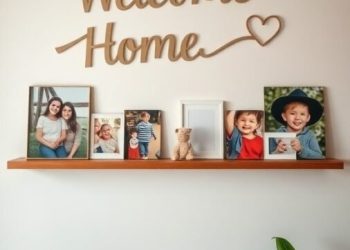 A warm family photo display with a 'Welcome Home' sign, framed pictures, and decorative plants.