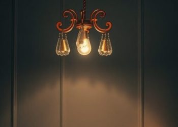 A stylish chandelier and candle on a desk in a feminine home office setting.