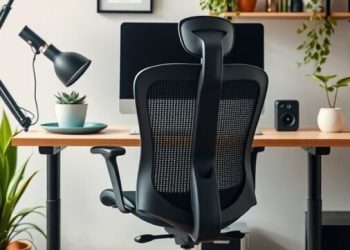 A modern home office setup featuring an ergonomic chair, desk, and plants.