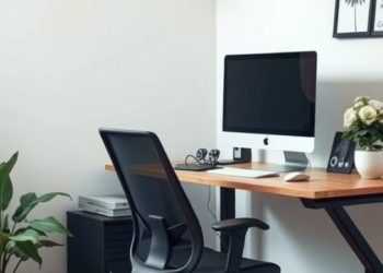 A modern ergonomic home office desk setup with a black chair, computer monitor, and a plant.