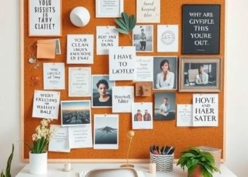 A corkboard filled with motivational quotes, images, and notes in a feminine home office setting.
