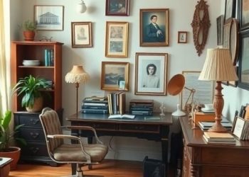 A stylish home office featuring vintage furniture, framed pictures on the walls, a cozy chair, and a patterned rug.