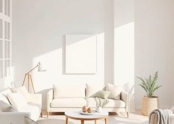 A minimalist living room with neutral colors, featuring soft beige sofas, a round coffee table, and a potted plant.
