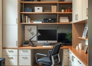 A modern home office setup with organized shelves, a desk, and a comfortable chair, showcasing storage solutions for a clutter-free environment.