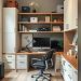 A modern home office setup with organized shelves, a desk, and a comfortable chair, showcasing storage solutions for a clutter-free environment.