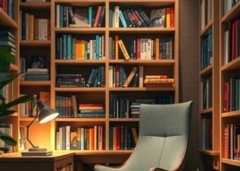 A cozy reading nook with a comfortable chair, bookshelves filled with books, and warm lighting.