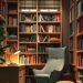A cozy reading nook with a comfortable chair, bookshelves filled with books, and warm lighting.