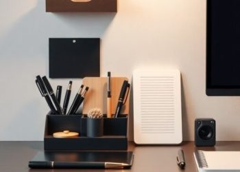 A modern desk setup featuring stylish desk organizers, a lamp, and a clean workspace.