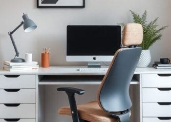A modern home office featuring a sleek desk, ergonomic chair, and stylish decor.