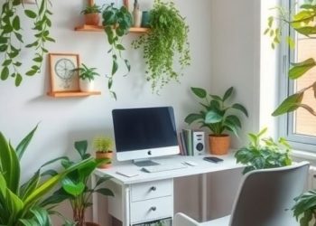 A cozy home office with various green plants, a desk, and a computer.