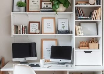 A compact home office with two monitors, a stylish chair, and organized shelves.