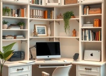 Cozy home office with built-in shelves and a spacious desk in a corner layout
