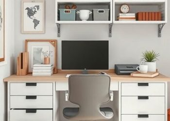 A well-organized home office with a desk, storage drawers, and shelves displaying baskets and decorative items.