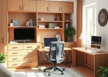 A cozy home office with wooden furniture, a comfortable chair, and plants, featuring a well-organized desk area.