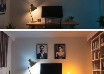 A comparison of two home office lighting setups showing warm yellow light above and cool blue light below.