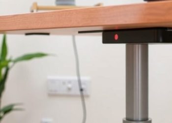 A modern adjustable desk with a wooden top and a sleek metal base, featuring a computer monitor and a power outlet in the background.