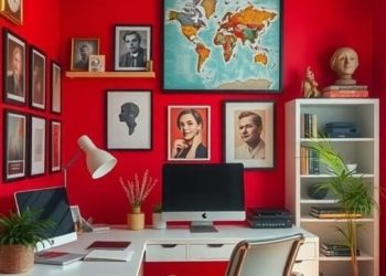 A home office with bold red walls, modern furniture, and decorative elements.