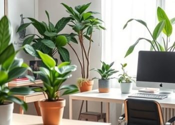 A bright home office with various plants, including hanging and potted greenery, creating a fresh and inviting workspace.