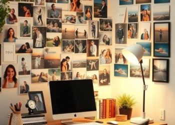 A home office wall decorated with a variety of personal photos, showcasing memories and moments.